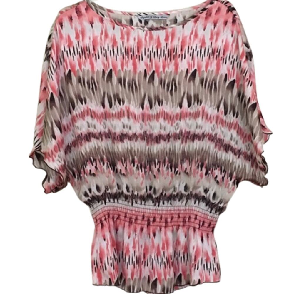2 For $5 Sale New Directions Pink Brown And Cream Flutter Sleeve Top Size M